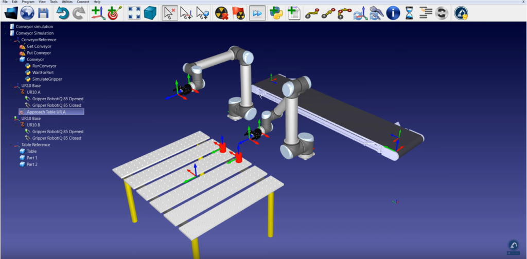 Collaborative robots and a conveyor